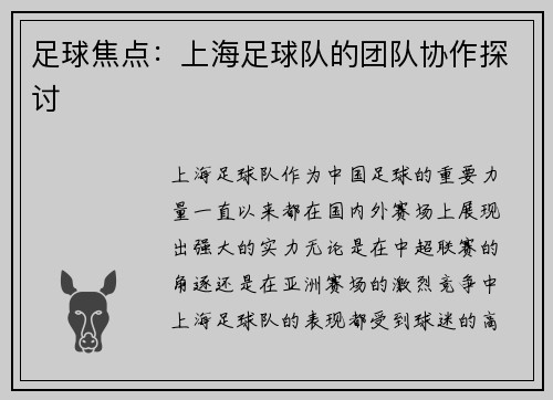 足球焦点：上海足球队的团队协作探讨