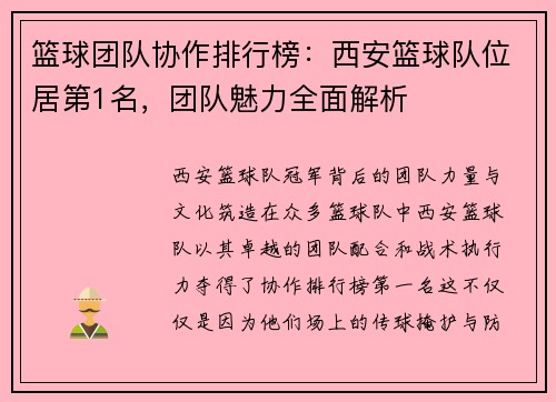 篮球团队协作排行榜：西安篮球队位居第1名，团队魅力全面解析