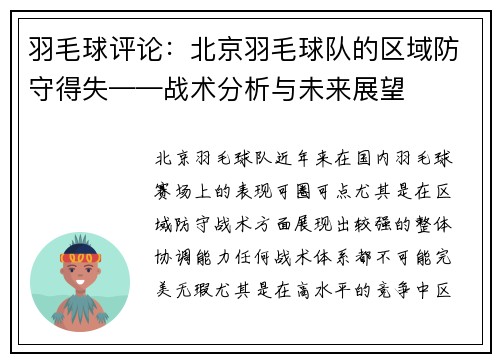 羽毛球评论：北京羽毛球队的区域防守得失——战术分析与未来展望