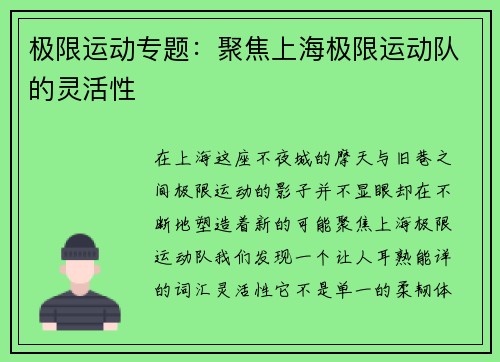 极限运动专题：聚焦上海极限运动队的灵活性